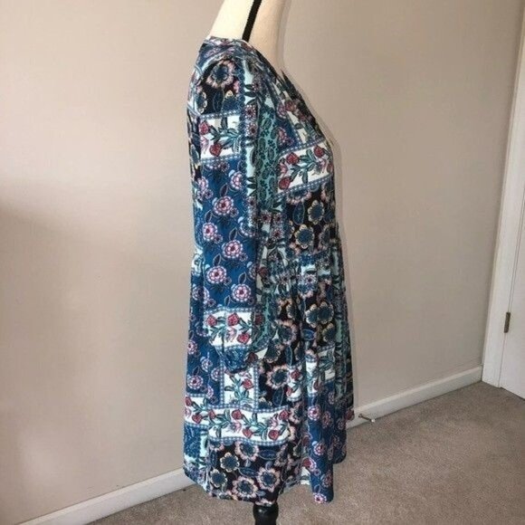 Patchwork Mini Dress Size XS Tunic Tassles Blue Print Long Sleeves Boho Cottage - Picture 3 of 6